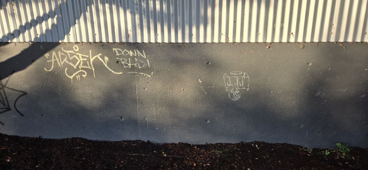 Real spray-painted graffiti tags on a concrete retaining wall near a residential property, including a yellow drippy throw-up tag and white tag reading DOWN BAD — actual property vandalism, not a mural